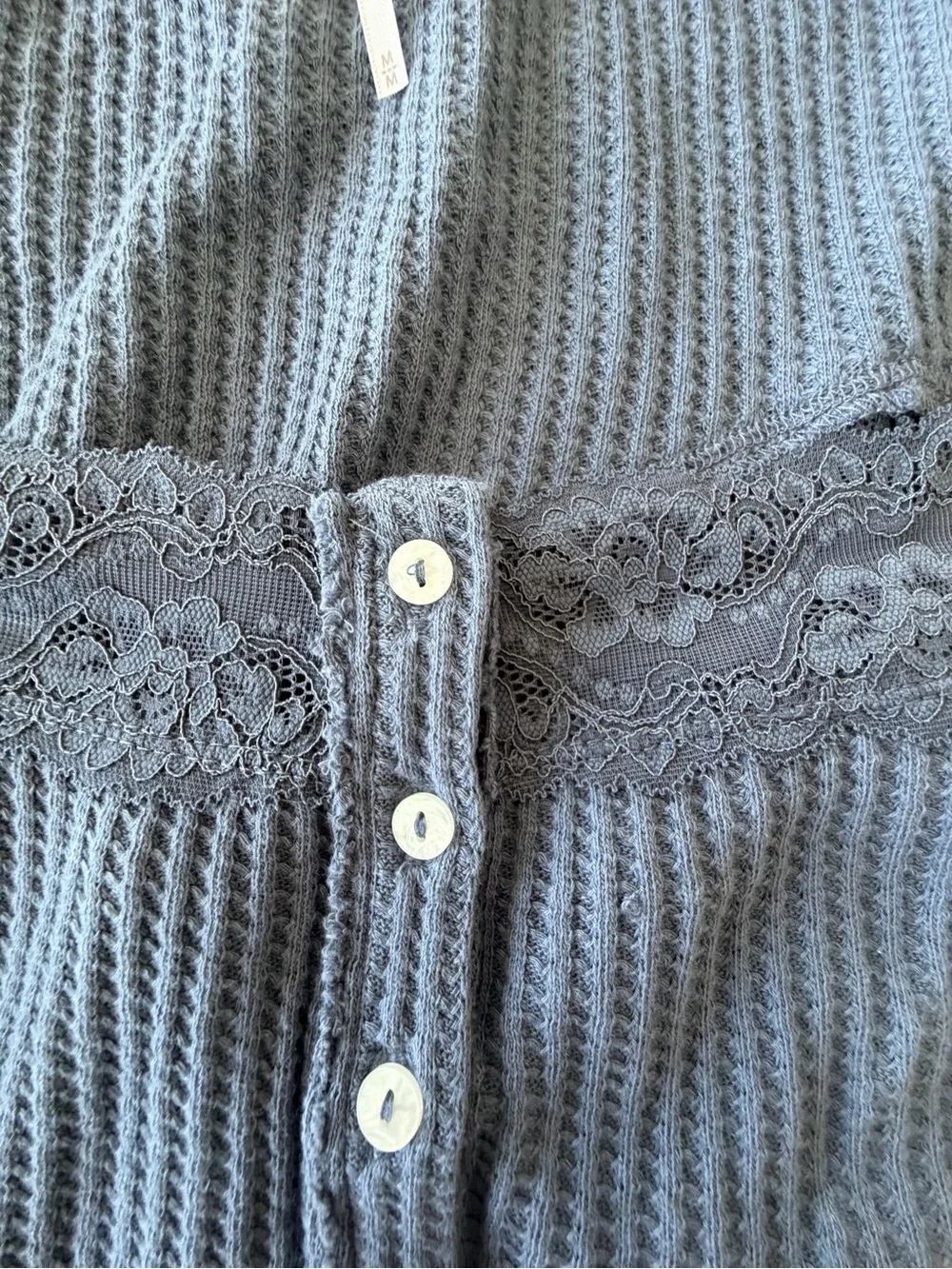 Free people waffle Knit Lace Trim Button-Up Top in Dusty Blue! M